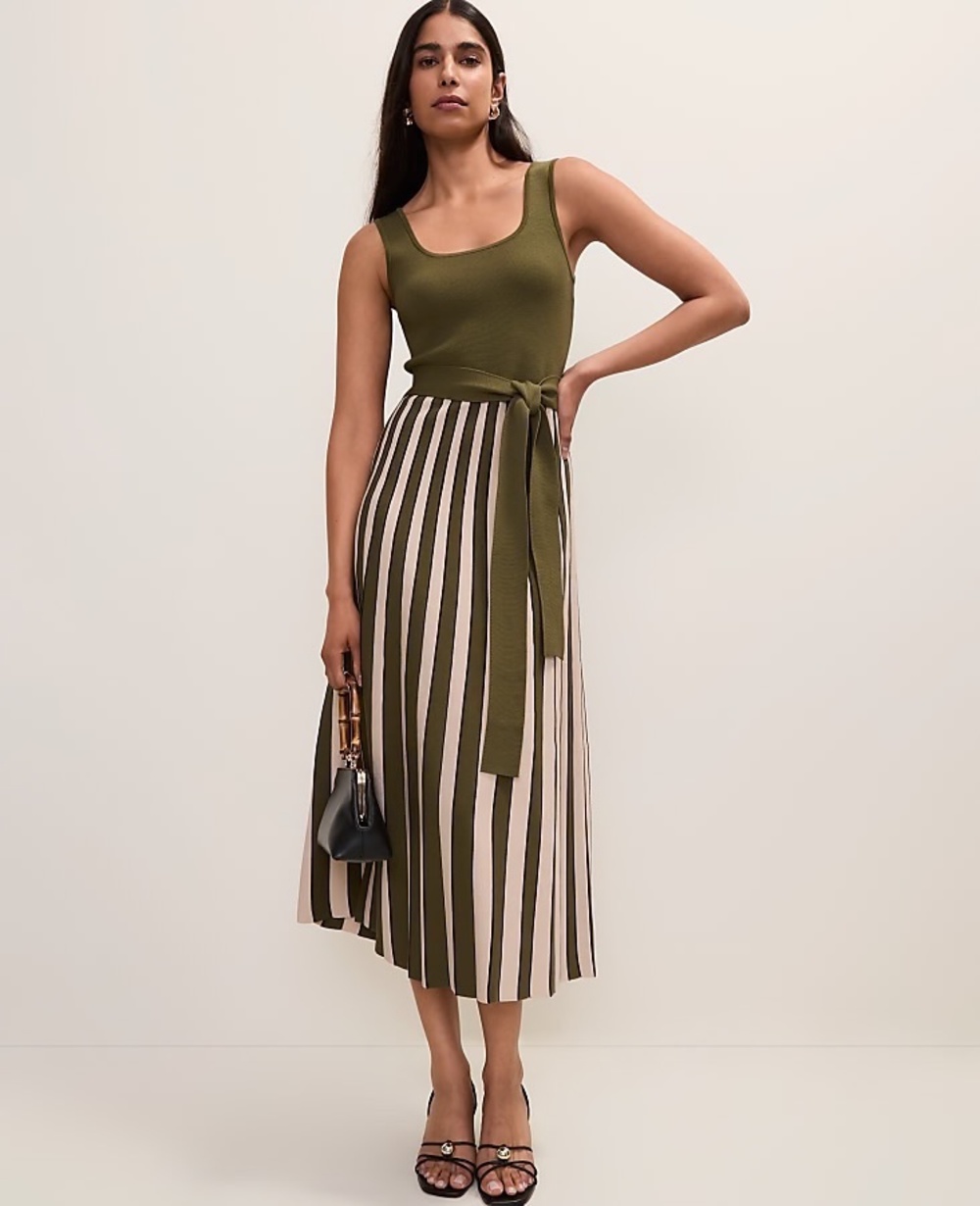 Ann Taylor Striped Midi Fit & Flare Dress Size M Olive Cream Scoop Neck NWT $209